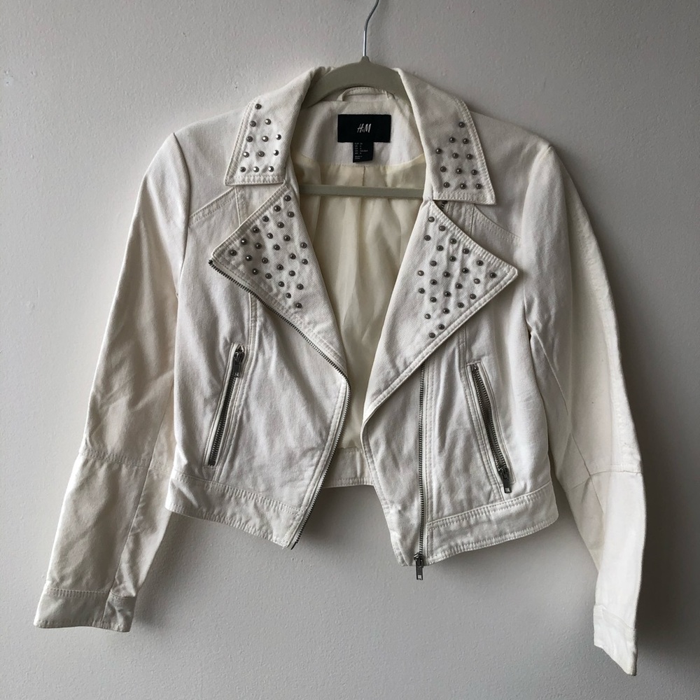 White Denim Studded Moto Jacket